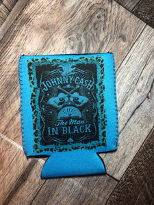 Bright Blue Johnny Cash "The Man In Black" koozie